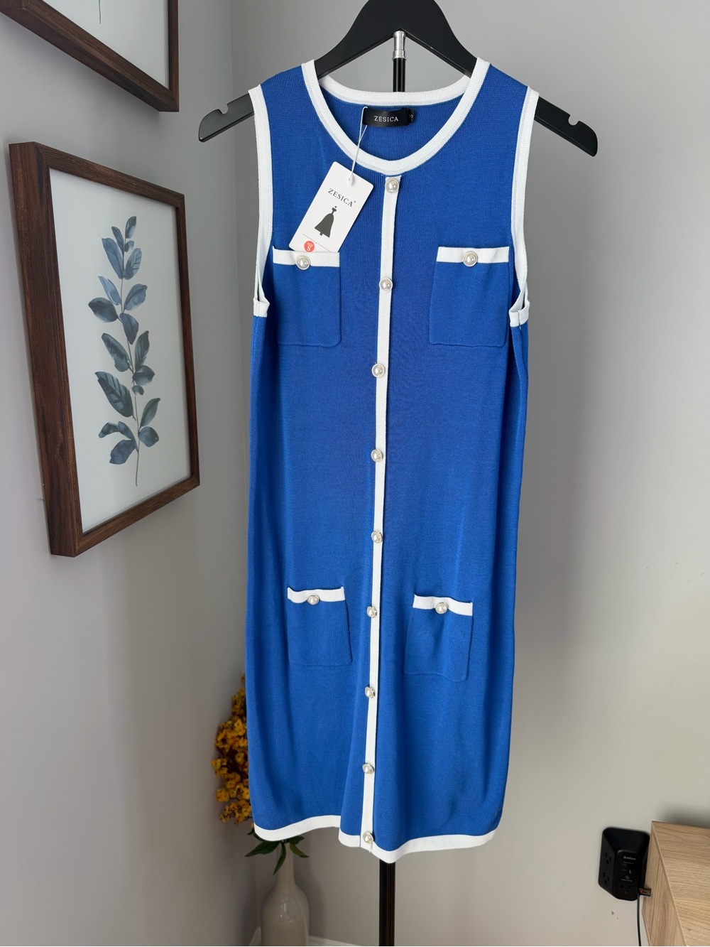 Zesica Royal Blue Sleeveless Dress with White Trim